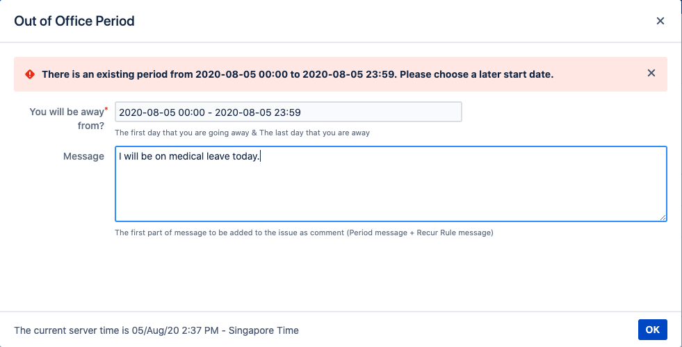 Figure 3. Date validation when adding the time conflicts with existing rules